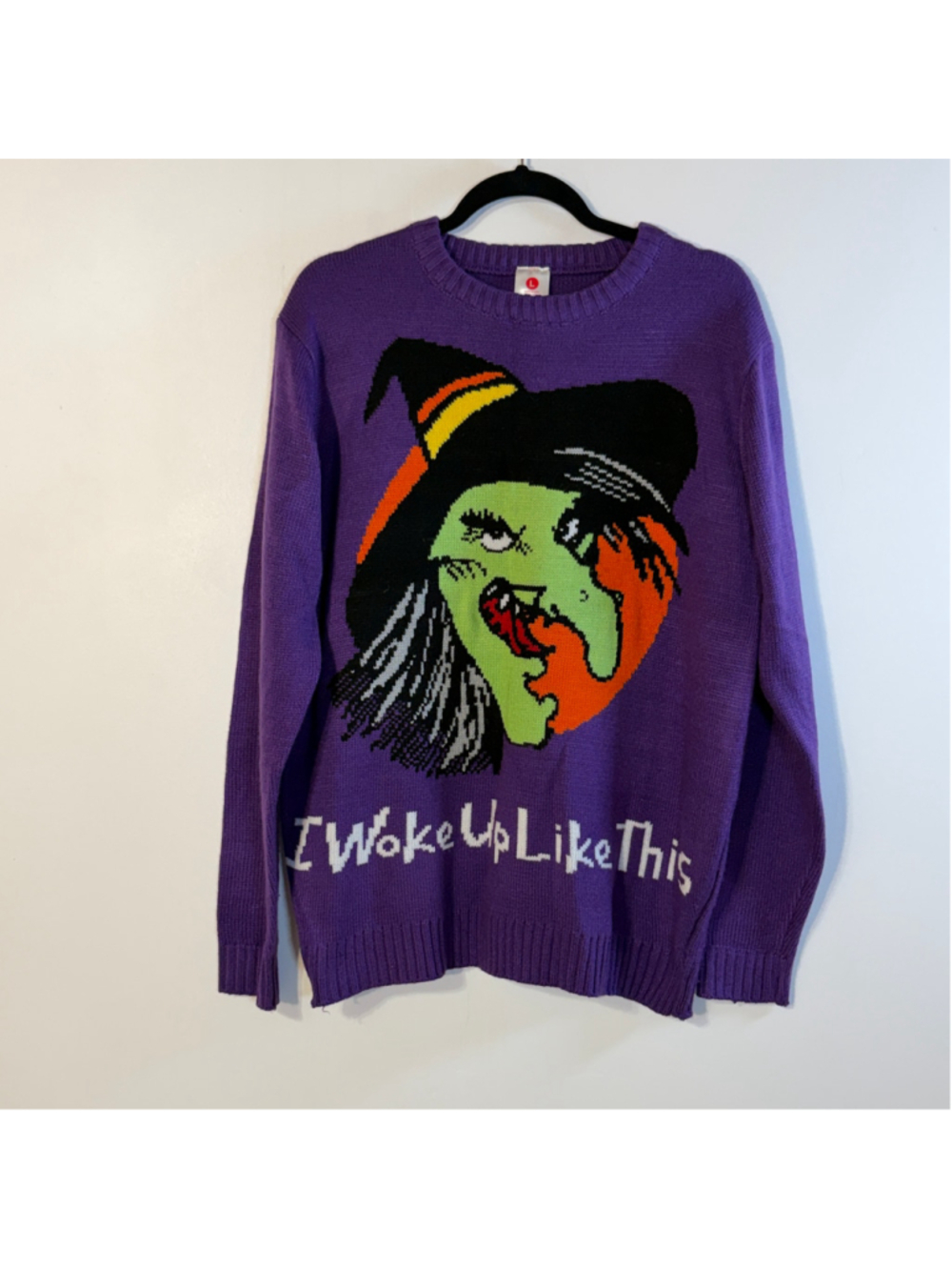 Purple Halloween Witch Knit Sweater Graphic "I Woke Up Like This" Size Large